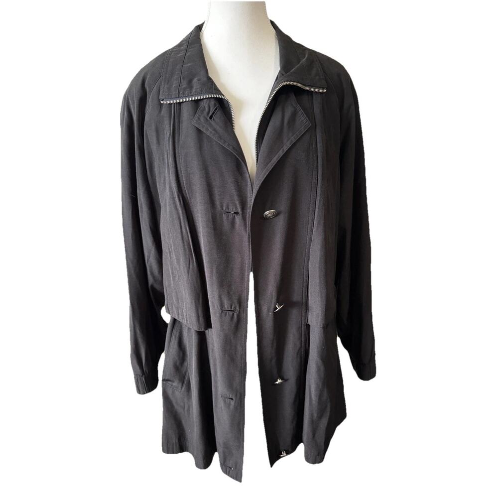 Vintage 90s Gallery Black Oversized Trench Jacket Sz S Cinch Waist Lace Up Back